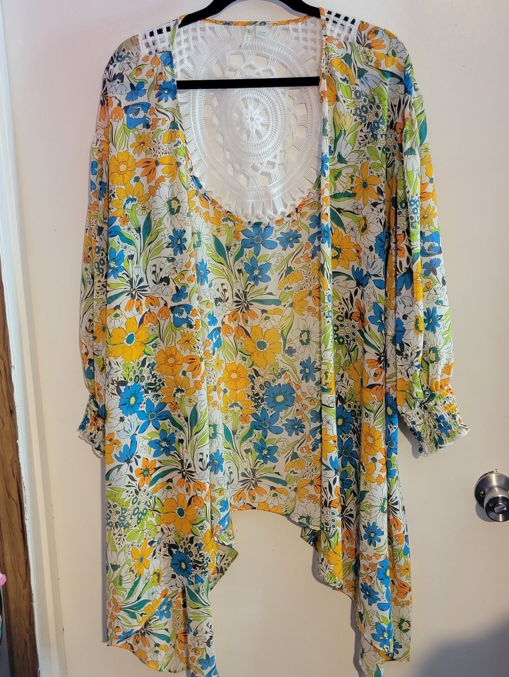 Cato Floral Sheer Open Cardigan - Yellow, Blue & Green Size 22/24